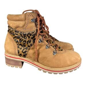 SCHUTZ Keida Calf Hair Boots Brown Lug Sole Leopard Trim Hiking Boots Size 10B